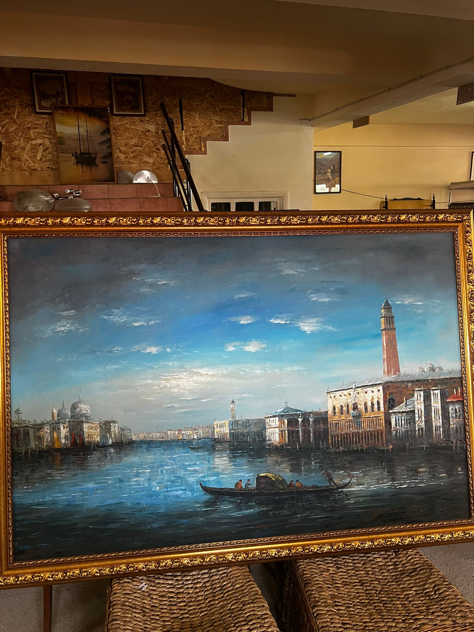 Tablou pe pânză ulei cu ramă din lemn masiv ornamentat - peisaj Venezia Italia - imagine 3